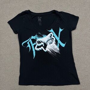 Vintage Y2K Fox Racing Women's Size M Black V Neck Short Sleeve Stretch